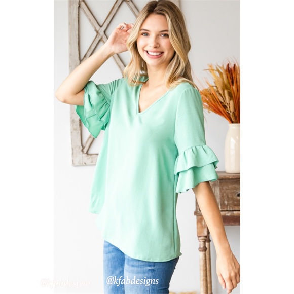 LAST 1! V Neck Stunning Double Ruffle Sleeve Mint Top! - Picture 2 of 6